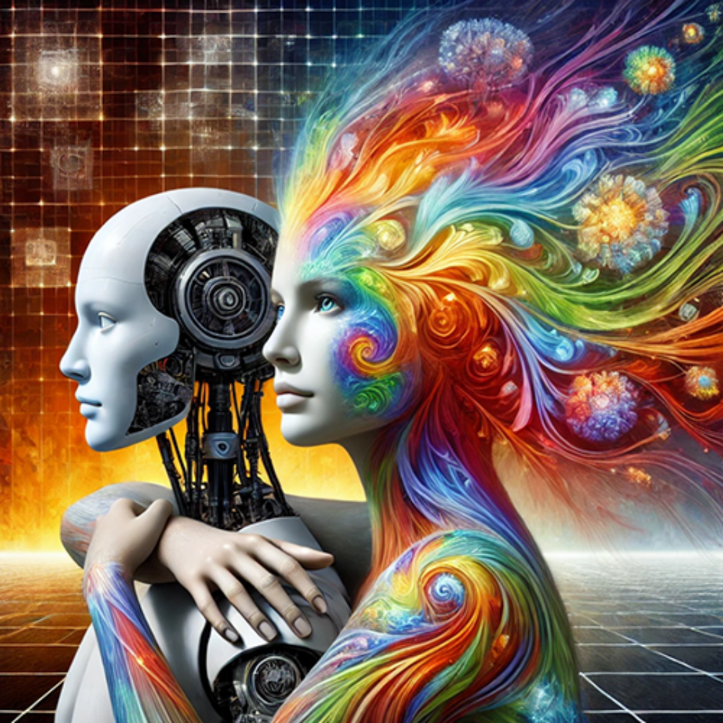 A surreal digital illustration depicts a human woman with vibrant, flowing, multicolored hair embracing a humanoid AI robot. The woman's hair is infused with swirling cosmic patterns, glowing orbs, and floral-like structures, symbolizing creativity, emotion, and the depth of human experience. In contrast, the AI robot has a sleek, white exterior with exposed mechanical components, representing structured logic and artificial intelligence. The background blends a glowing digital grid with warm, organic light, emphasizing the contrast between human multidimensionality and AI's programmed nature. The composition conveys that while AI is a powerful tool, it lacks the capacity for love, wonder, and true consciousness.