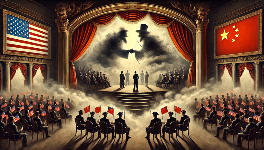 A surreal, symbolic painting of a grand theater where a political meeting or negotiation is taking place. The audience is divided into two groups, one side holding American flags and the other holding Chinese flags. The stage is framed by luxurious red curtains, with large flags of the United States and China displayed on either side. In the center, shadowy figures with top hats shake hands in a cloud of smoke, looming over the smaller human figures on stage, symbolizing hidden forces or unseen influences behind international diplomacy. The scene has a dramatic, almost theatrical atmosphere, emphasizing themes of power, rivalry, and diplomacy.
