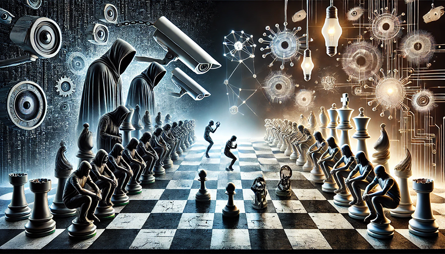 A surreal artwork uses a chessboard to symbolize the battle between humanity's crises and advancements, with opposing sides depicting dystopia and innovation. On the left, shadowy hooded figures and towering surveillance cameras evoke themes of control, privacy invasion, and societal oppression, reinforced by mechanical gears and binary code. On the right, glowing light bulbs, molecular structures, and interconnected circuits represent creativity, progress, and the promise of discovery. Human-like chess pieces populate both sides, embodying the struggle between fear and hope, as two central figures clash in the middle, highlighting the tension between these forces. The piece reflects the critical role of lawyers and society in balancing ethics, law, and humanity's challenges during times of transformative discovery.