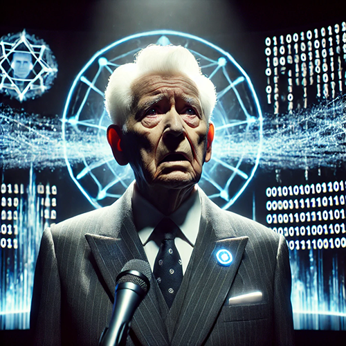 A striking digital artwork depicting an elderly man in a pinstriped suit and tie, standing solemnly behind a microphone. His expression conveys a deep sense of fear and regret, with furrowed brows and a distant, haunted gaze. A glowing blue emblem on his lapel adds a futuristic touch. The background features a dark, high-tech setting with glowing binary code, geometric diagrams, and swirling light patterns, evoking themes of advanced technology and its consequences. The scene is dramatically lit, with shadows emphasizing the man's emotional depth, symbolizing the weight of responsibility or the ramifications of progress.