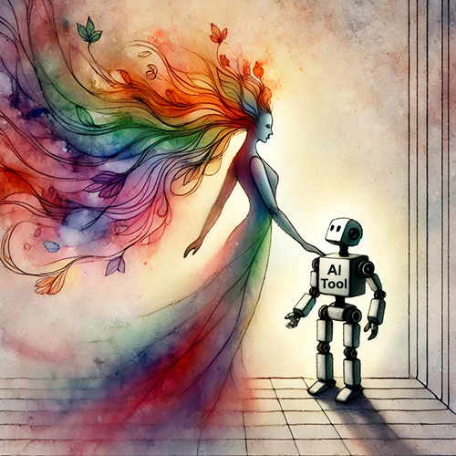 A watercolor-style digital illustration depicts a graceful, ethereal woman with flowing, multicolored hair and a translucent gown, reaching out to hold hands with a small humanoid robot labeled "AI Tool." The woman's hair and dress blend seamlessly into the background with vibrant red, orange, green, and blue hues, while the robot has a simplistic, mechanical design with a boxy head and limbs. The setting is an abstract, softly lit space with a tiled floor and a gradient background. The scene symbolizes the interaction between artificial intelligence and human creativity.