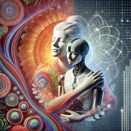 A surreal digital illustration portrays a serene human woman embracing a humanoid robot. The woman's face exudes warmth and emotion, while the robot's expression is neutral and mechanical. The background is split into two contrasting halves: the left side features organic, swirling patterns in warm colors, resembling nature and human creativity, while the right side consists of geometric, digital elements in cool tones, symbolizing artificial intelligence. The composition emphasizes humans' emotional depth versus AI's mechanical nature, visually representing the idea that AI can mimic emotions but lacks true feelings.