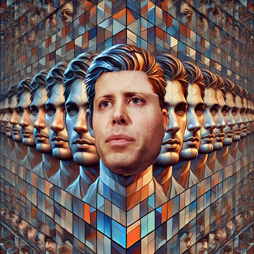 An artistic digital illustration features a central, realistic human face emerging from a surreal, geometric background composed of countless mirrored reflections of the same face. The reflections are stylized with a painterly effect, incorporating shades of blue, orange, and metallic tones. The repeating faces create a sense of depth and symmetry, converging toward the center, where the realistic face stands out in contrast. The overall composition is visually striking, blending realism with abstract, futuristic elements.