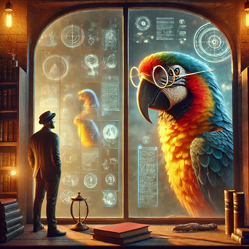 A surreal digital artwork depicting a massive, vibrantly colored parrot wearing round glasses, gazing through a large arched window. On the other side of the window, a man in a hat and suit stands in a warmly lit library, observing the parrot. The glass is overlaid with floating holographic symbols, scientific diagrams, and glowing text, blending elements of knowledge and technology. Bookshelves filled with books frame the scene, and an hourglass sits on a nearby table, adding to the scholarly atmosphere. The image symbolizes AI's "stochastic parrot" concept, transparency, and the nature of machine-generated language.