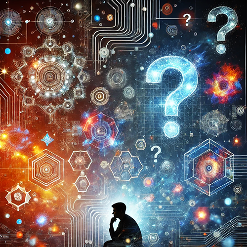 A surreal and futuristic digital artwork depicting a silhouetted figure in deep thought, surrounded by a cosmic and technological landscape. The background is divided into warm, fiery hues on the left and cool, celestial blues on the right, representing contrasting elements of knowledge and mystery. Floating throughout the scene are glowing question marks, intricate circuit patterns, hexagonal molecular structures, and abstract gears, symbolizing the complexity of the unknown future. The fusion of science, technology, and the cosmos creates a visually striking representation of curiosity, innovation, and the mysteries of progress.