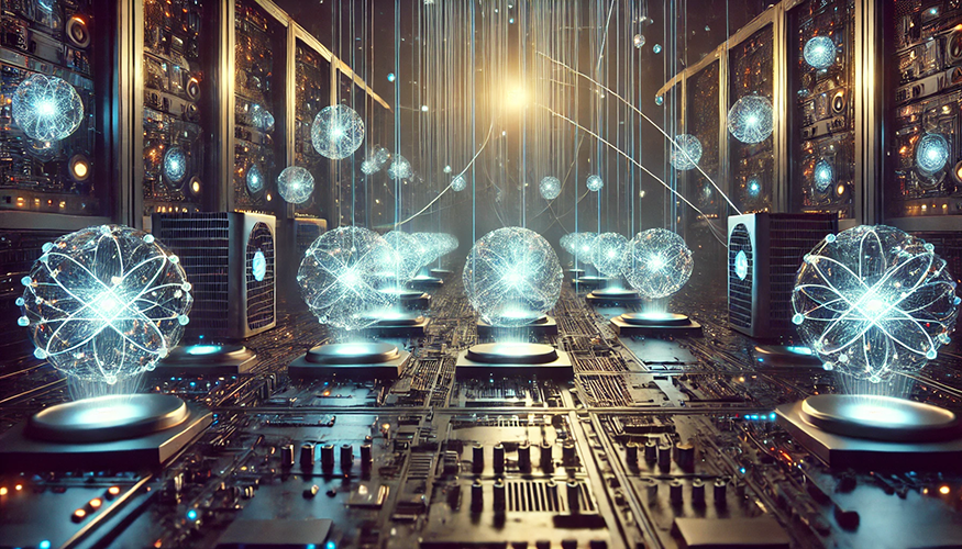 A futuristic depiction of a glowing data center or quantum computing hub. The scene is filled with rows of intricate circuit boards and machinery, illuminated by holographic, glowing spheres suspended above circular platforms. Each sphere features interconnected lines and nodes, resembling atoms or digital networks, emitting radiant blue-white light. Thin light streams connect the spheres, creating a sense of data transfer or energy flow. In the background, servers and high-tech panels are visible, with a bright light source casting a warm glow from above, adding depth to the composition. The image conveys advanced technology, data processing, and quantum systems themes.