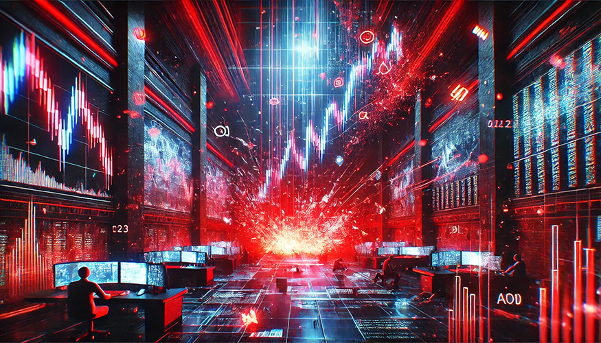 A futuristic, cyberpunk-style stock market trading floor illuminated by red and blue neon lights. Large digital screens display fluctuating stock charts, numbers, and data streams. Traders sit at desks with multiple monitors, analyzing market trends. In the center, a bright explosion-like burst of light and digital data emerges, symbolizing financial volatility or a system meltdown. Floating symbols and graphs extend into the air, enhancing the high-tech, immersive atmosphere.