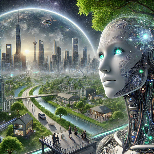 A futuristic digital artwork depicting a highly advanced humanoid AI with intricate metallic and circuit-like details on its face and body. The AI's glowing blue eyes gaze toward a utopian cityscape in the background, enclosed within a massive protective dome. The city features towering skyscrapers, lush greenery, waterways, and advanced transportation systems, blending nature and technology harmoniously. People can be seen engaging in daily activities while drones and flying vehicles navigate the skyline. The image portrays a vision of a future where artificial intelligence coexists with humanity in a technologically advanced and sustainable society.