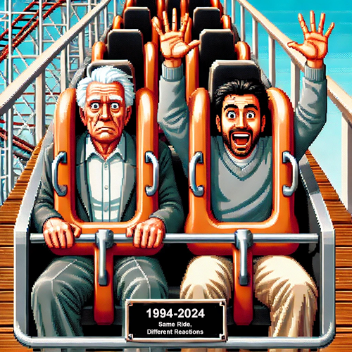 A vibrant, retro-styled digital illustration resembling a 1990s video game. The image features two men seated in the front row of a roller coaster, their expressions humorously contrasting. The older man on the left appears stoic and unamused, gripping the safety bar tightly, while the younger man on the right is ecstatic, arms raised in excitement. The coaster is brightly colored, with orange safety restraints and wooden tracks visible in the background. A plaque on the ride reads: "1994-2024: Same Ride, Different Reactions," playfully hinting at generational differences. The artwork has a pixelated, nostalgic aesthetic, evoking classic theme park simulation games.