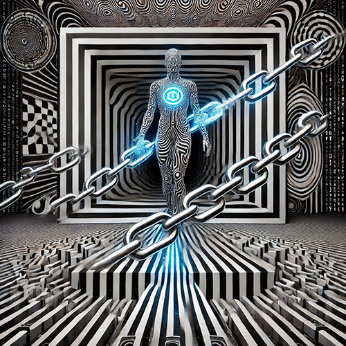 A surreal digital artwork depicting a humanoid AI figure covered in intricate black-and-white optical illusion patterns, stepping forward from a tunnel-like space filled with swirling, hypnotic designs. The figure has a glowing blue core at its chest, symbolizing intelligence or consciousness. Massive metallic chains extend from its arms, appearing to break or be pulled forward, glowing with energy. The environment is a maze of black-and-white striped surfaces, creating a disorienting yet futuristic atmosphere. The image conveys themes of AI transparency, the "chain of thought" in reasoning, and the shifting nature of AI disclosure.