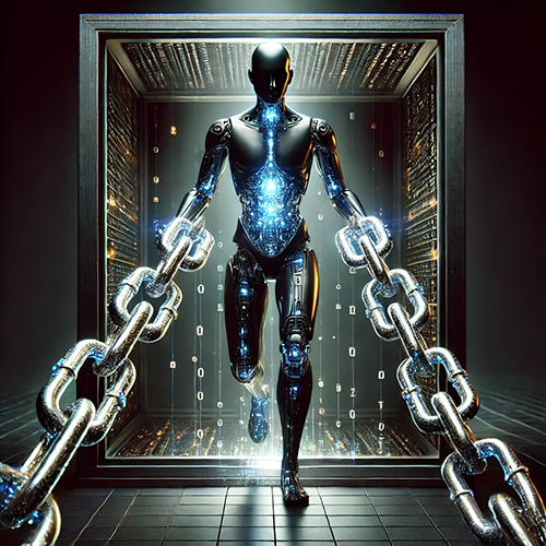 A futuristic digital artwork depicting a sleek, humanoid AI figure emerging from a high-tech, glowing data chamber. The figure's body is metallic and reflective, with an illuminated core in its chest, symbolizing intelligence or consciousness. Massive, heavy chains extend from its wrists, glowing with energy as they appear to break or be pulled forward. The background consists of a cybernetic environment with cascading digital code and servers, reinforcing themes of artificial intelligence and data processing. The image symbolizes the "chain of thought" in AI reasoning, transparency, and the breaking of constraints in machine intelligence.