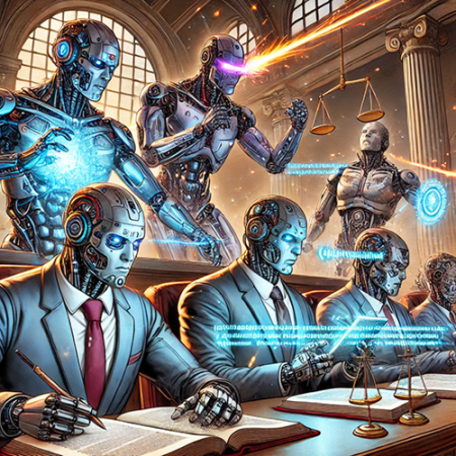 Robots dressed in suits and ties , sitting for their exam-an open book exam.