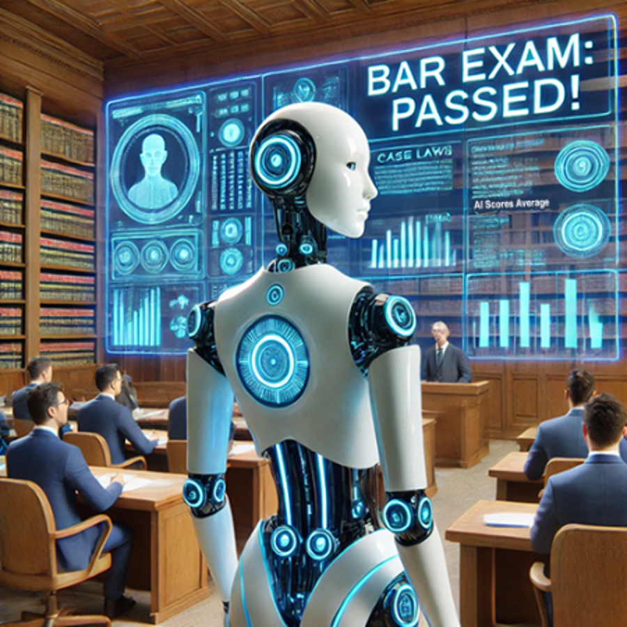 Robot standing in room full of human lawyers at desks with a huge virtual computer screen projected behind the desk at the head.