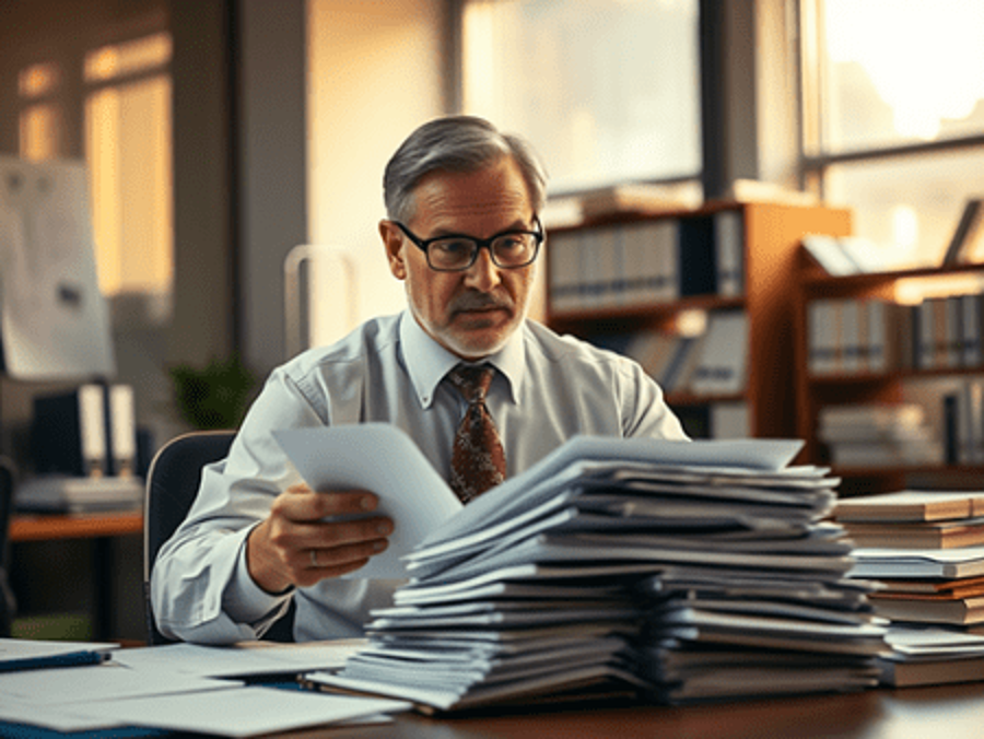 Professor reading a big stack of papers in a library