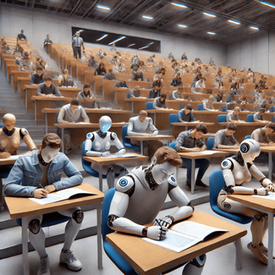 Robots and people taking a test writing longhand in a big auditorium room.