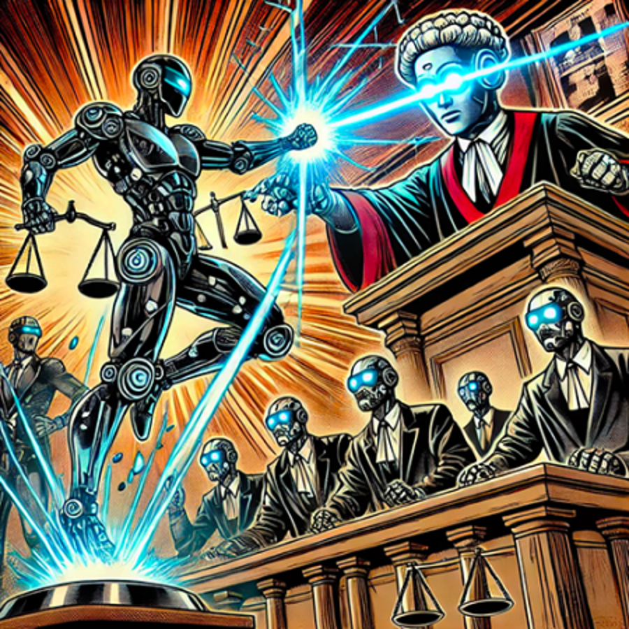 Jurists with AI goggles with a justice superhero AI with lightning coming out of a raised fist.