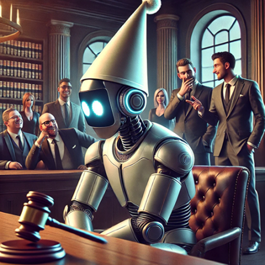 Robot with dunce cap looking dejected as human lawyers ridicule them.