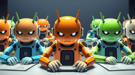 Multicolored robots at desks, with frowns and antennae, looking very intense.