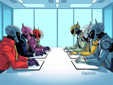 Helmeted Robots facing off at a conference table, onside labeled Google, the other labeled OpenAI.