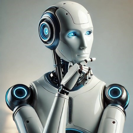 Top head and torso of a sleek robot with blue eyes looking pensive.