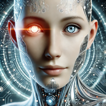 Human woman's face with enhanced shiny eye and a chin tattoo in front of a high tech background.