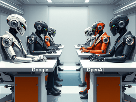 Two teams of three robots at individual desks, on side labeled Google, the other labeled OpenAI.