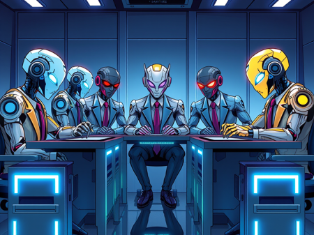 6 robots in suits and ties at a U shaped table collaborating.