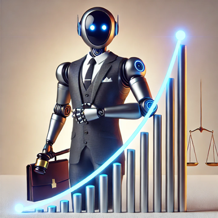 Robot in three piece suit with a briefcase and gavel, descending stairs, with scales in the background.