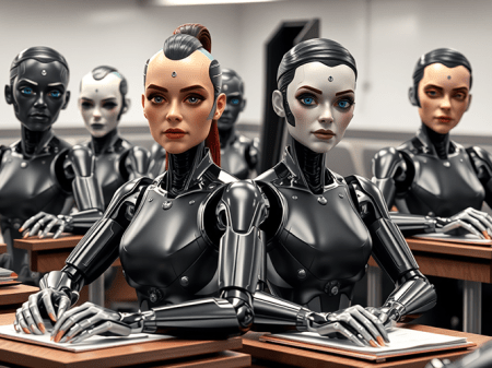 6 robots with human faces at desks looking directly at the viewer.