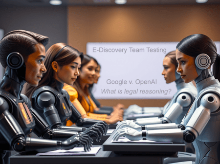 6 robots with human heads collaborating in front of a screen that says eDiscovery team training, Google v OpenAI, what is legal reasoning.