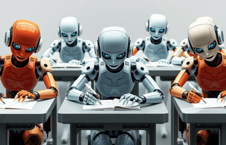 5 robots at 2 rows of desks, taking a paper based exam.