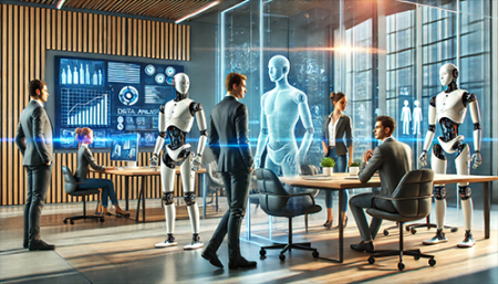 Futuristic law office with AI robots and holograms interacting with humans.