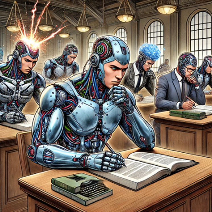 Androids in suits or looking like robots concentrating on the bar exam, one with fuzzy brain, another with head on fire.