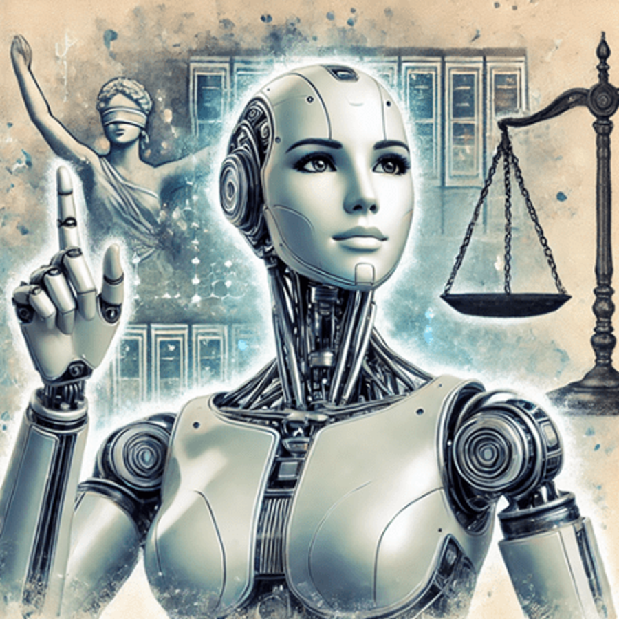 Robot in front on the scales of justice and a tech background with one finger up.