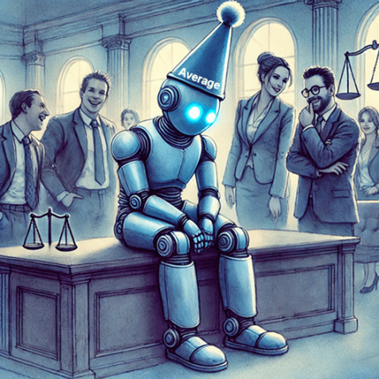 Dunce cap with the word "Average" on a dejected robot, sitting with scales of justice on two sides with human lawyers mocking it.