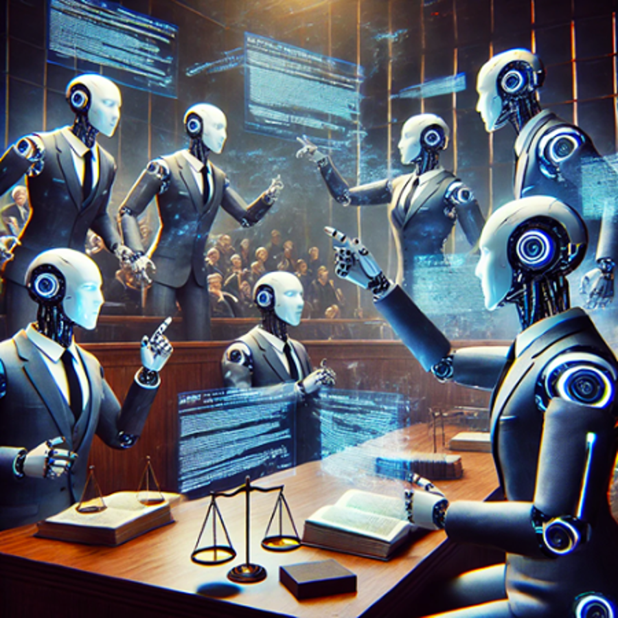 Robot lawyers pointing at each other to emphasize their points (7 robots in front of a gallery of people.