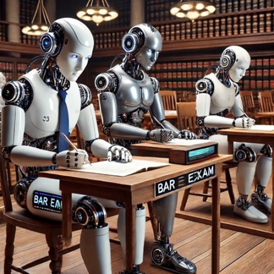 3 robots in a law library taking an exam calmly.