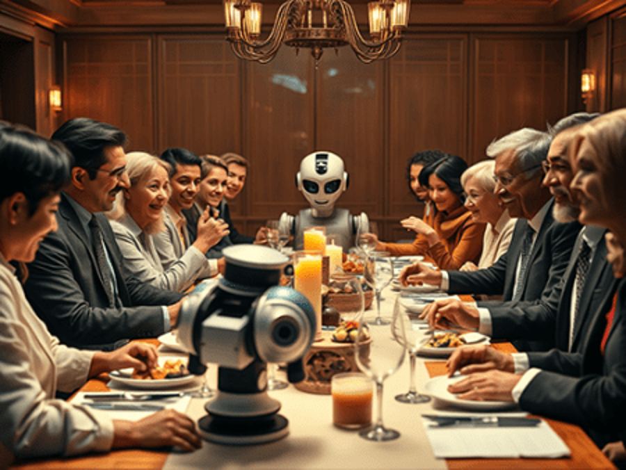 Robot at the head of a family dinner table at holiday time.