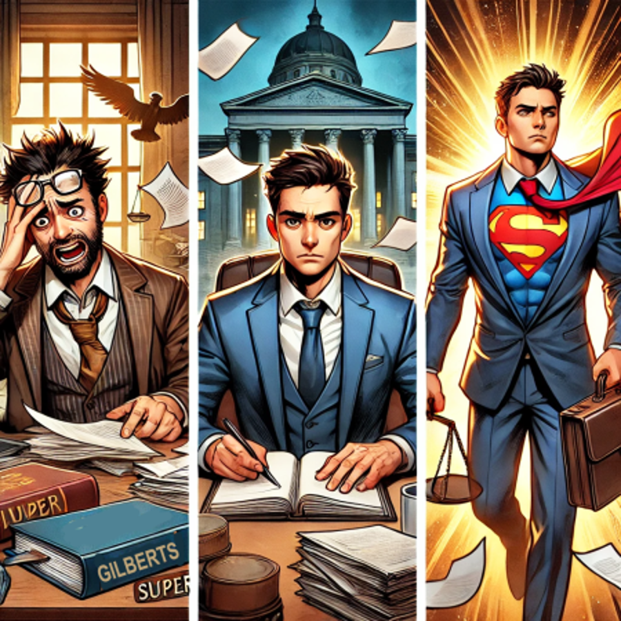 An unshaven upset lawyer, a calm intense well dressed lawyer and super man lawyer.