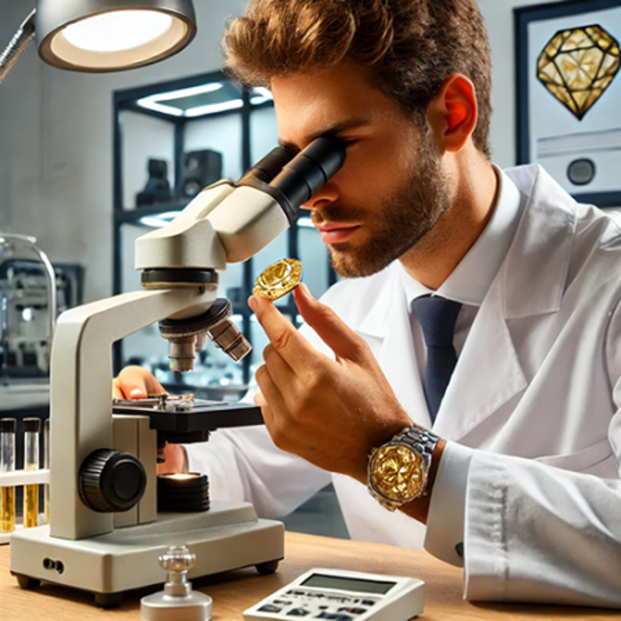 Man in white coat looking through microscope at jewelers.