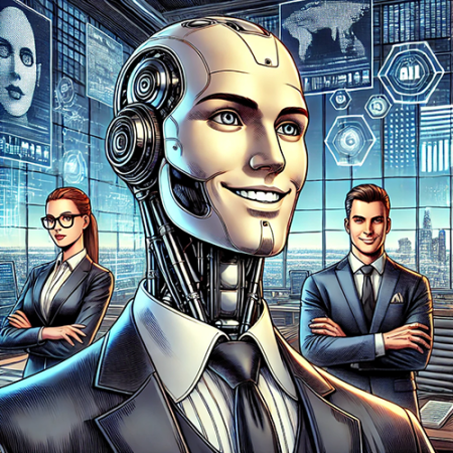 two lawyers with crossed arms behind a smiling android in a tech room.