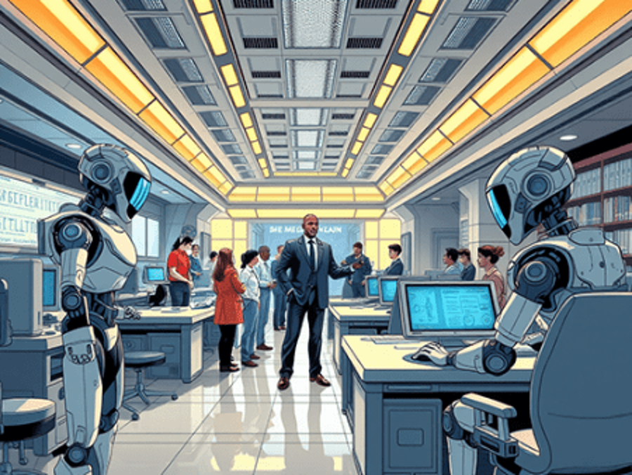 Atorrney giving direction to a human robot team of over a dozen in a futuristic group working room.