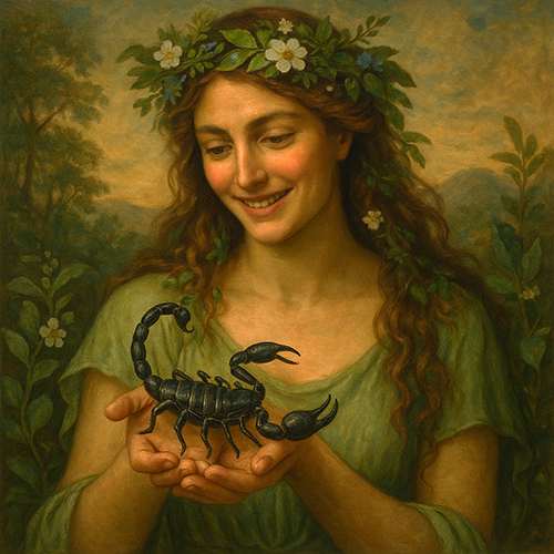 Gaia holding a scorpion in her hands. Masters-like painting style.