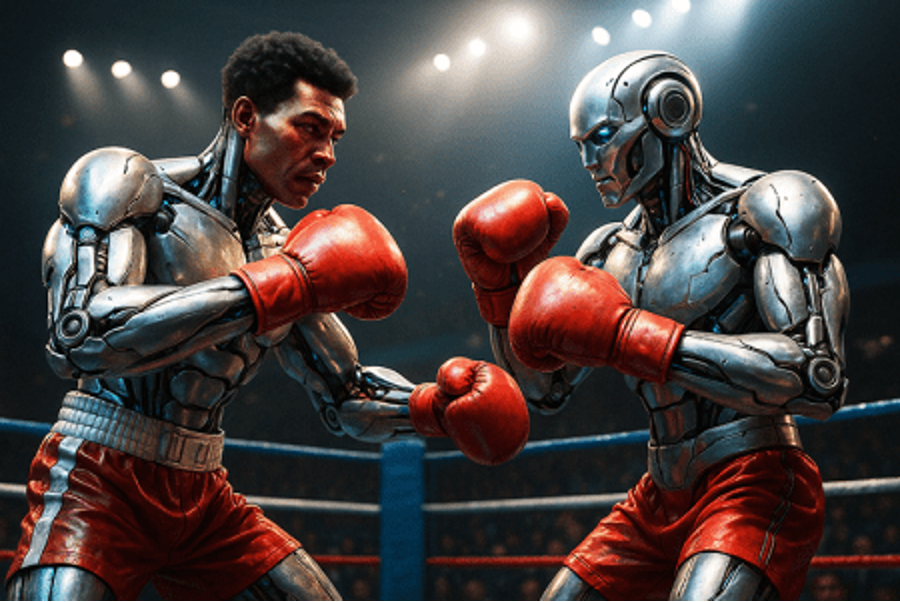 Android with human head in full boxing regalia with human head against fully metal android.