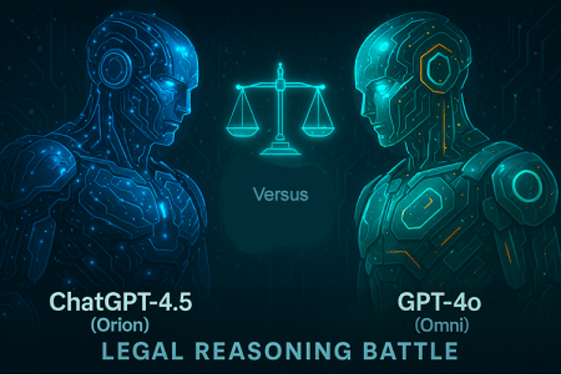 Chat GPT 4.5 Orion v. GPT-4o (Omni) Legal Reasoning Battle, 2 android holograms with scales of justice between them.