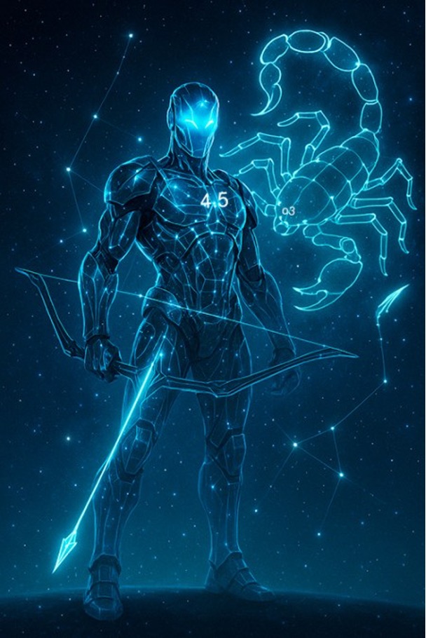 Hologram of Sagittarius with arrow, and scorpion against a starry sky.