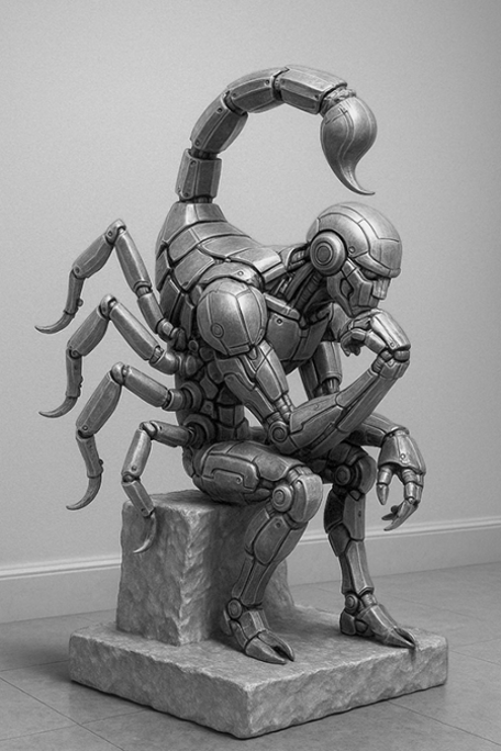 Black and white photo of a metal sculpture posed like The Thinker, with metal android with scorpion legs and a tail.