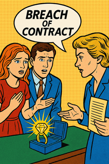 Comic with three people looking at a big jeweled ring, one saying "Breach of contract."
