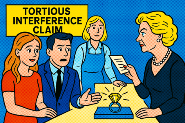 Comic with 4 people and shiny big ring with sign "Tortious Interference Claim."