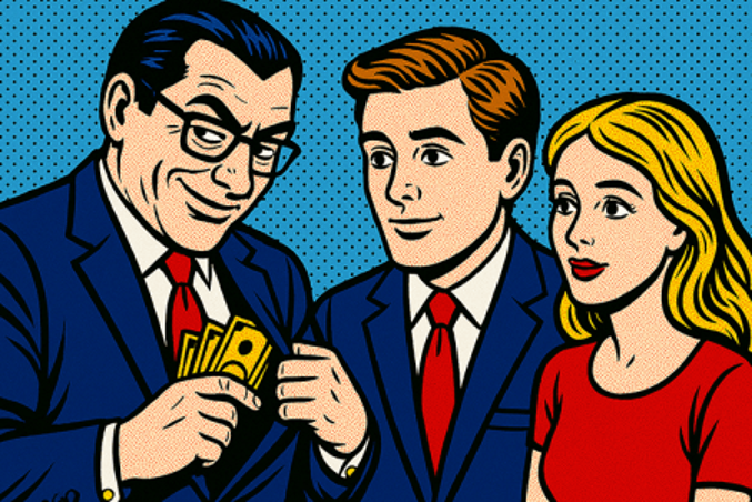 Three people secretly conversing with one with cash, comic style